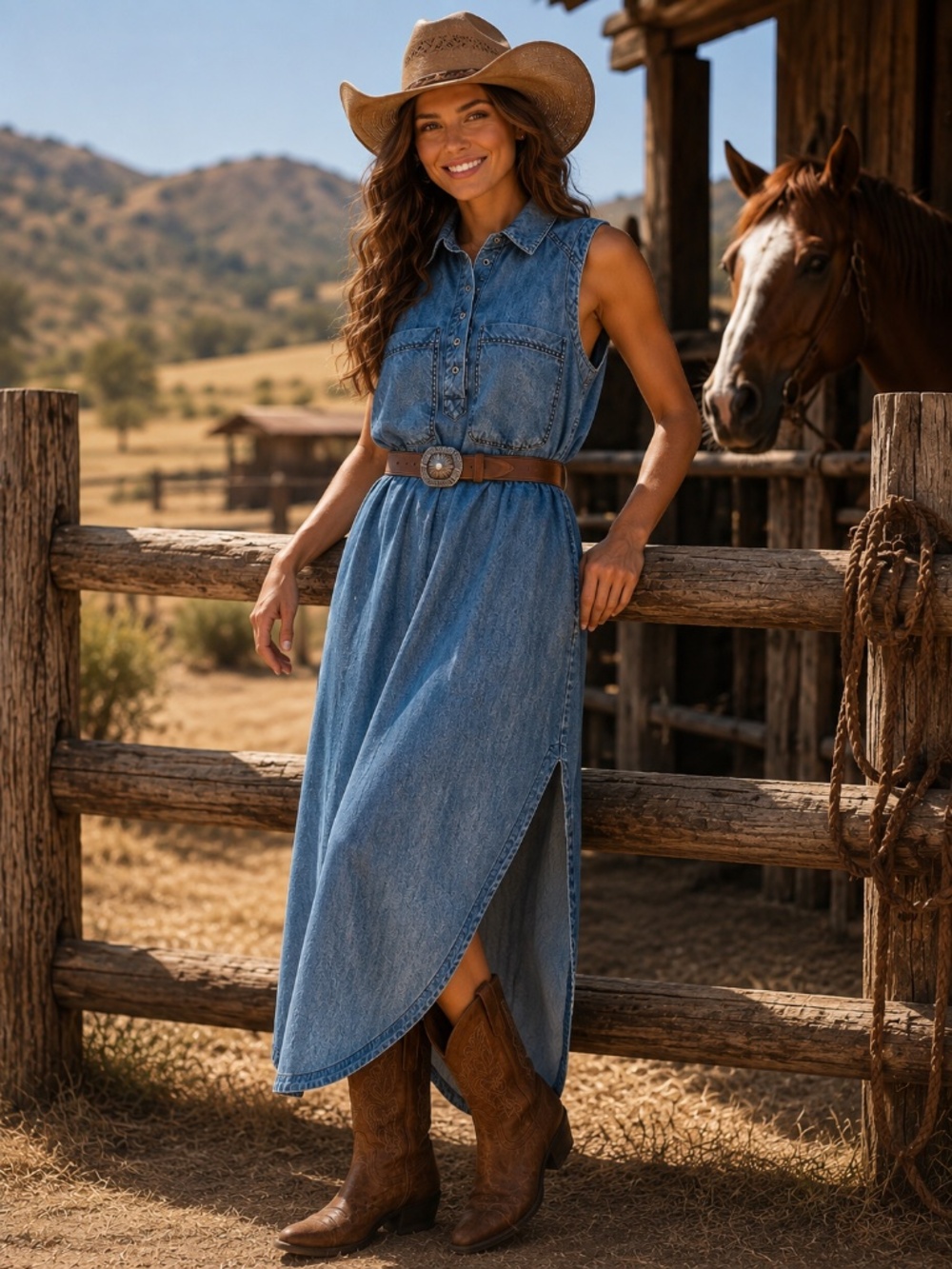 Free People denim maxi dress L sleeveless button 1/4 front collar cowgirl boho